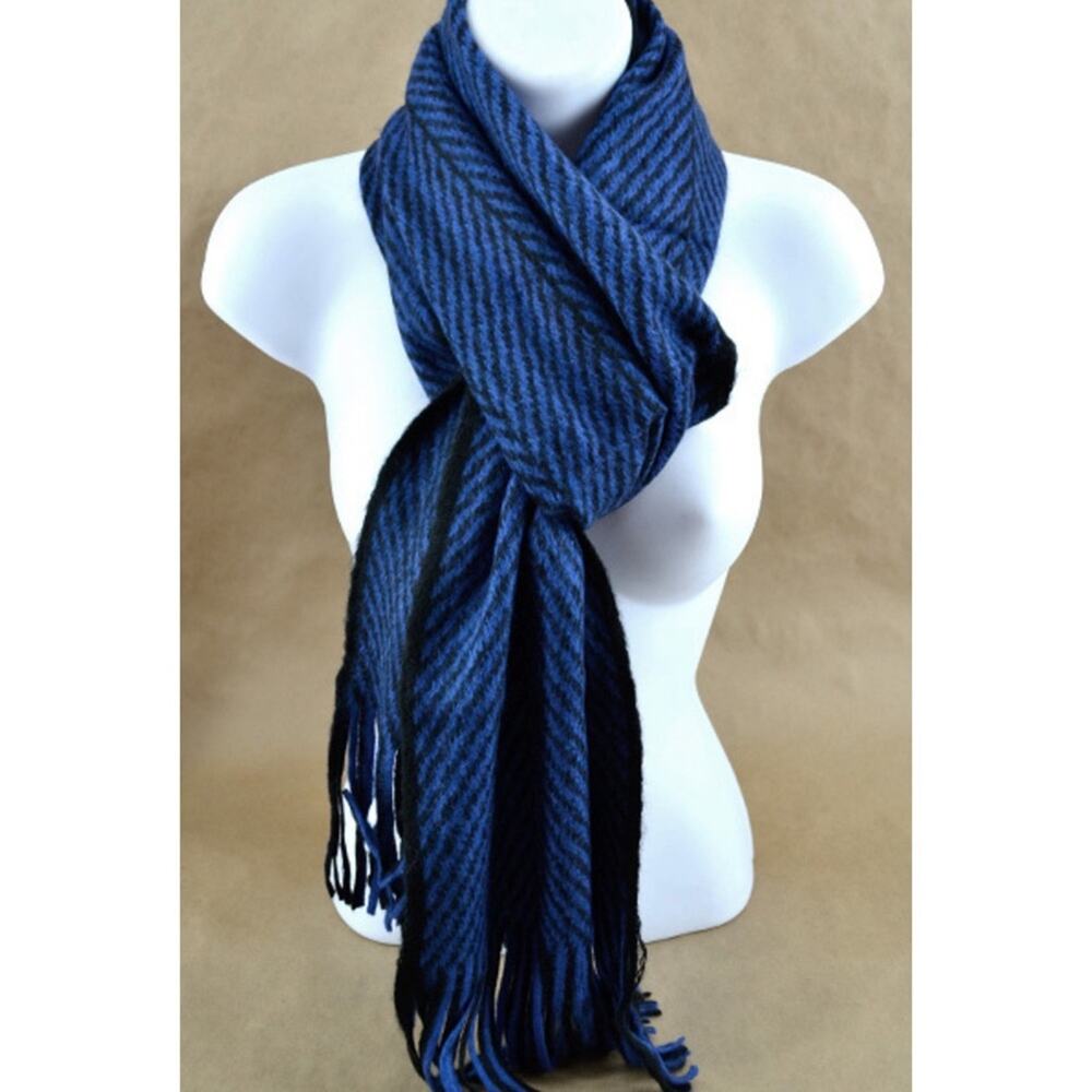 New NWT Boutique Blue & Black Herringbone Tassel Fringe Scarf Unisex